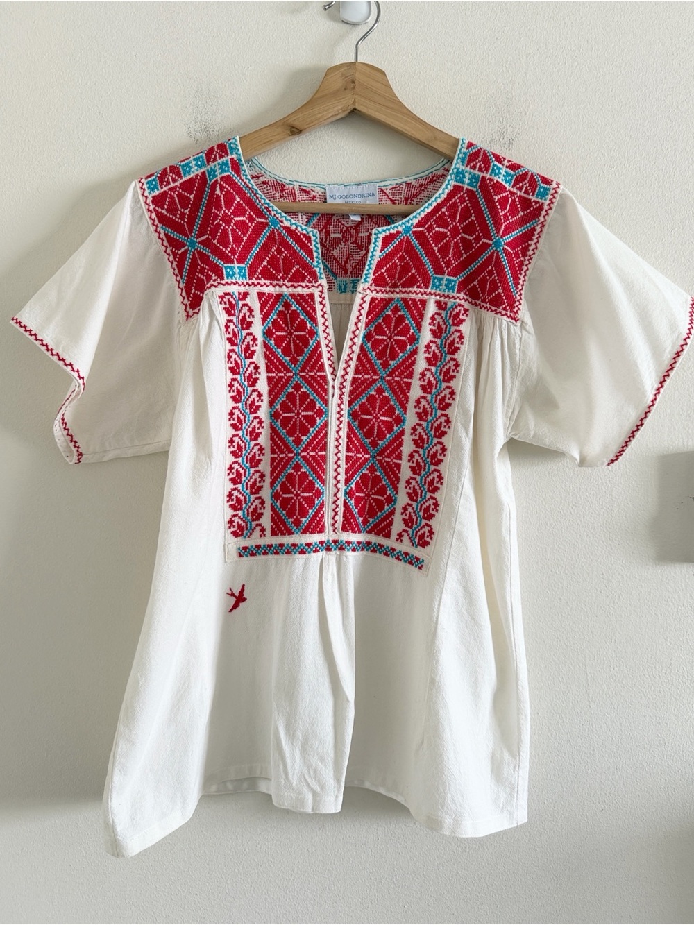 Mi Golondrina Hand Embroidered Blouse Women's Small White Red Blue Mexican